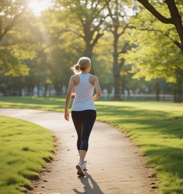 A peaceful woman in her late 30s practicing slow jogging along a tree-lined path with sage green leaves.