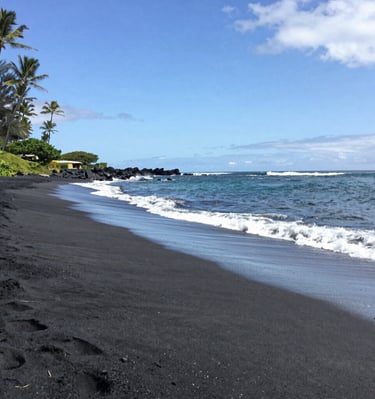 Crystal-clear turquoise waters gently lapping against a sandy beach framed by palm trees.