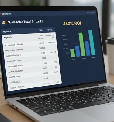 Google Ads interface showing targeted keyword results and ROI metrics
