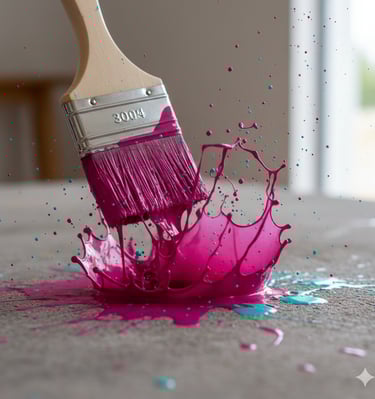  Un pincel de madera salpicando pintura magenta vibrante sobre una superficie gris con gotas azules.