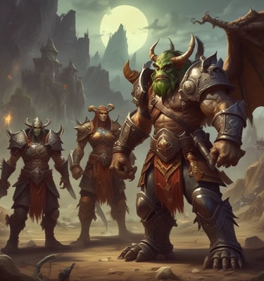 A mystical forest scene with glowing fairies and ancient trees under a twilight sky.