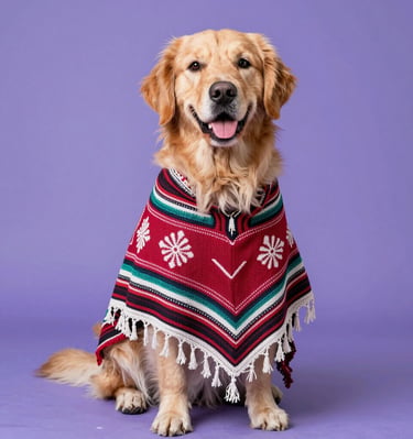 Golden Retriever dog wearing a red patterned holiday poncho sitting against a purple background.