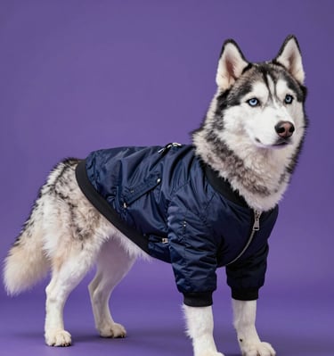 A blue-eyed Siberian Husky wearing a navy blue dog bomber jacket against a purple background.