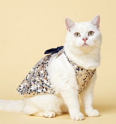 White shorthair cat wearing a sparkling gold sequin dress with a blue bow on a yellow background.