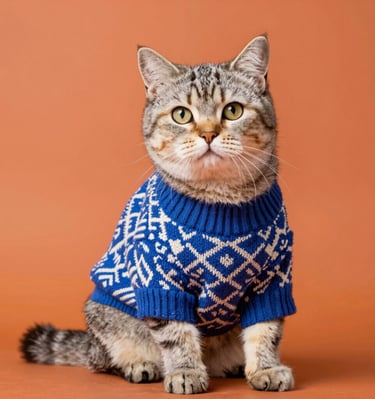 A cute tabby cat wearing a blue patterned winter sweater against an orange background.