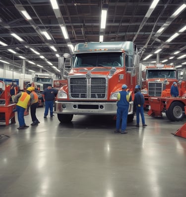 Technician performing emergency diesel engine repair on a semi-truck roadside.