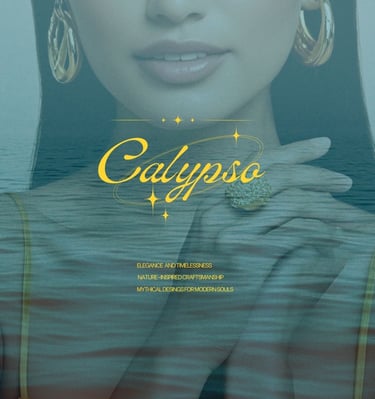 Elegant model wearing gold hoop earrings and a statement ring for the Calypso jewelry collection.