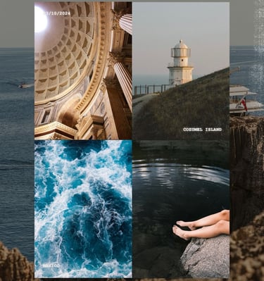 Travel collage featuring the dome, a greek Island lighthouse, and turquoise ocean waves