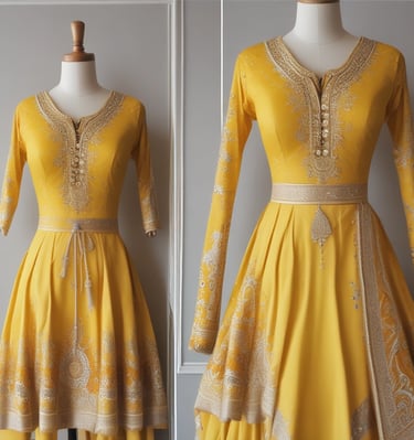 Finished stitched saree draped over a mannequin, highlighting the fine craftsmanship.