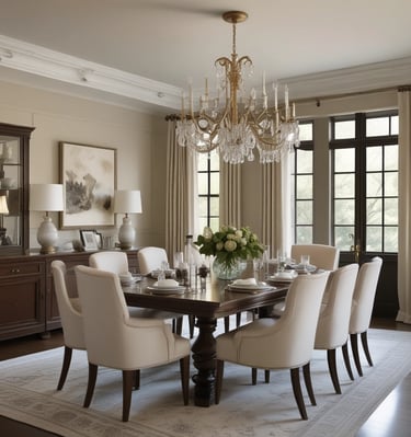 An elegant dining table set with fine china and crystal glasses, surrounded by dark wood chairs and a large ornate mirror.