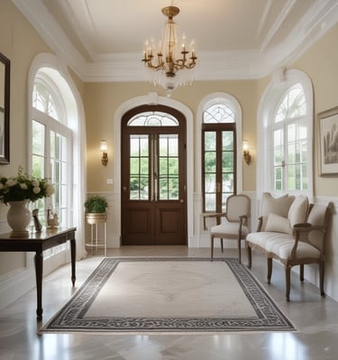 A stylish hallway with classic wainscoting, a vintage console table adorned with fresh flowers and framed black-and-white photos.