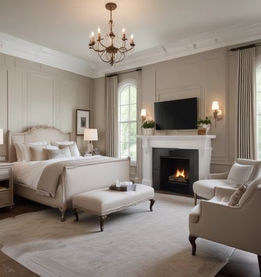 A cozy living room with classic beige sofas, a vintage chandelier, and soft natural light filtering through sheer curtains.