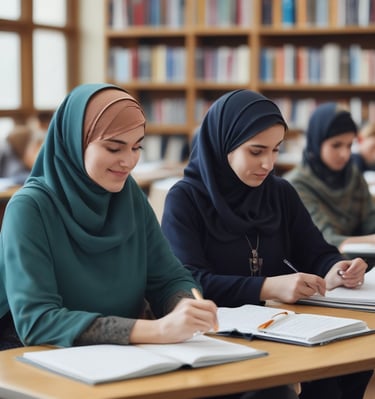 A serene scene of a niqabi woman writing notes during a marriage preparation course.