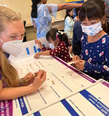 Woman and child putting stickers on a posterboard