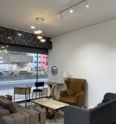 Living room furniture display at showroom in Kumbalgodu Bengaluru