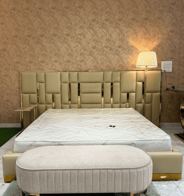 Modern bedroom furniture set in Bengaluru with upholstered bed and mattress