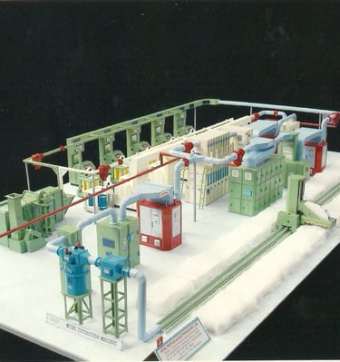 Scale model of an industrial Cotton extraction machine and automated processing plant layout.