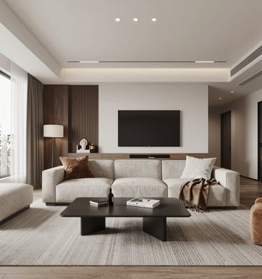 A sleek kitchen interior showcasing marble surfaces and soft greige colors