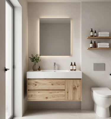 A cozy bathroom with terracotta highlights and realistic concrete textures