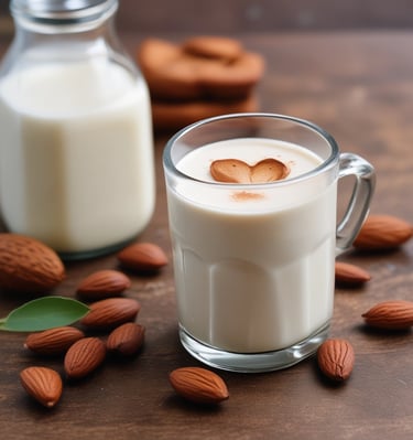 Almond milk carton beside a latte with latte art.