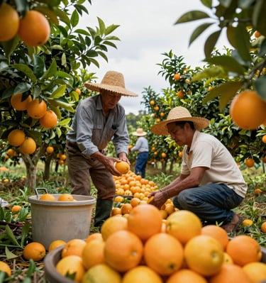 Farmers handpicking plump orange sweet oranges from orchard trees during golden hour light