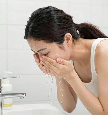 Smiling woman with dewy skin holding a jar of moisturizer, bathed in warm natural light.