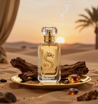 Glassmorphism card showcasing a rotating oud-based luxury perfume bottle with soft gold light particles.