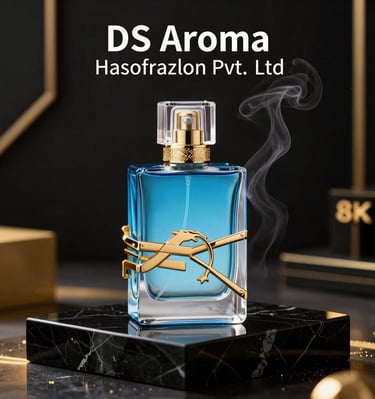 Floating perfume bottles arranged with smooth parallax scrolling effect and glowing amber accents.