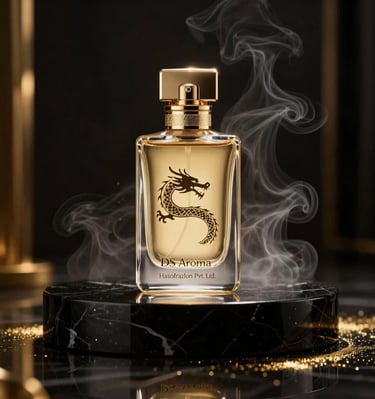 Close-up of a 3D floating ds aroma perfume bottle with amber highlights against a dark background.