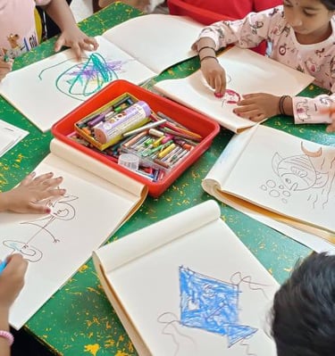 A group of preschoolers collaborating on a creative art project