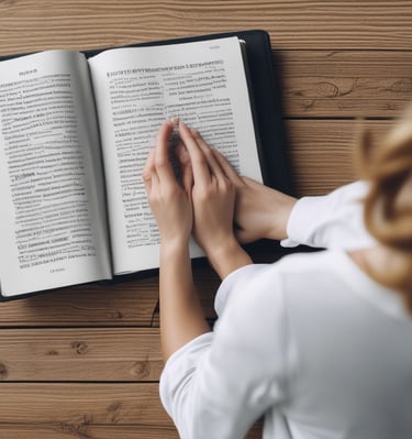 A woman holding a digital prayer journal, smiling softly in a sunlit room.