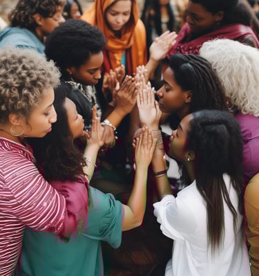 A group of women gathered in prayer, radiating warmth and unity.