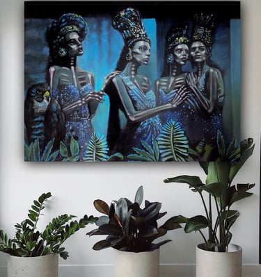 a painting of three women in black and white