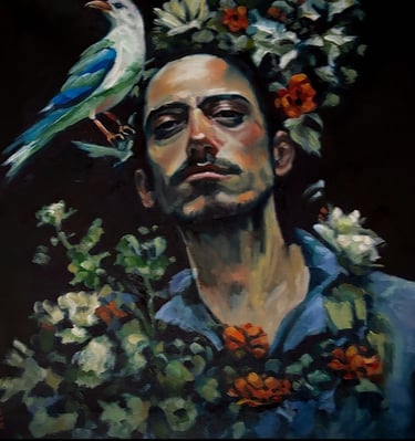 a painting of a man with a bird on his head