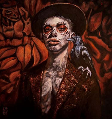 a painting of a man with a bird on his shoulder