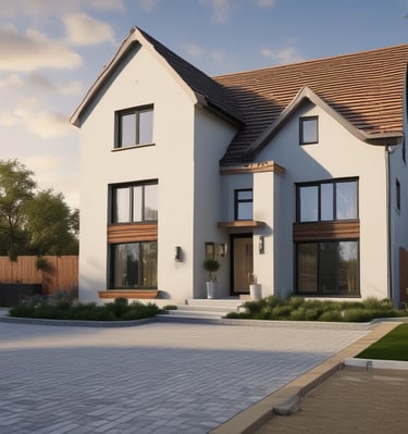 A freshly paved block driveway with clean lines and neat edging under soft daylight.