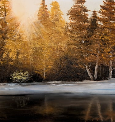 A painging of the sun shining over the tops of autumn trees on a snowy bank across the water.