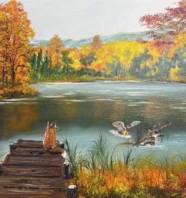 A painting of a red fox sitting on the end of a pier watching some wood ducks in the lake during autumn.