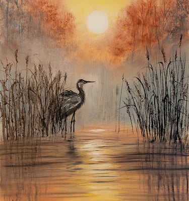 A painting of a heron against a sunrise or sunset standing in shallow water surrounded by reeds.