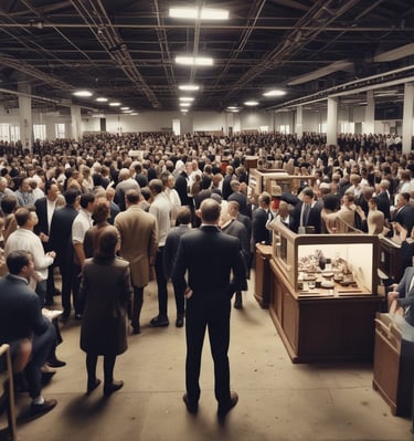 A lively crowd gathered around the auctioneer during an intense bidding session.