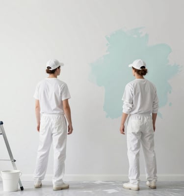 Before and after comparison of a bedroom wall restored with elegant decorative painting.