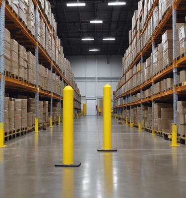 Bright orange guard rails protecting a busy warehouse aisle.