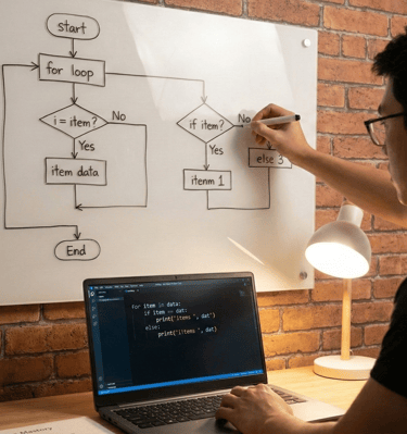 A focused developer working in a softly lit home office with a brick wall. The developer is actively
