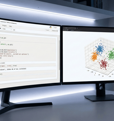 A sophisticated dual-monitor workstation setup in a professional modern home office with cool LED li