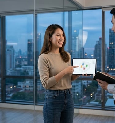 A candid photograph of two data professionals collaborating inside a modern glass-walled office buil