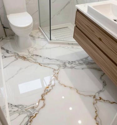 white epoxy resin floor , marble effect in bathroom