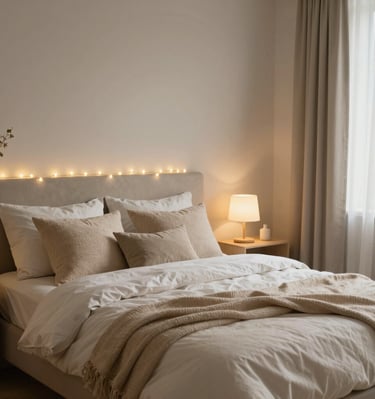 A stylish bedroom wall showcasing framed art and warm ambient lighting.