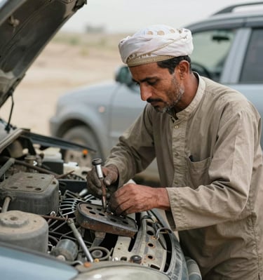 A smiling karigar holding his tools, standing proudly in front of his workshop.