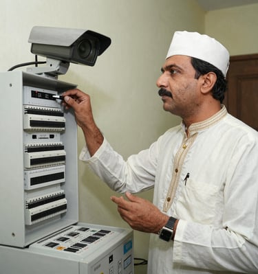 An electrician fixing wiring inside a cozy home, tools in hand.