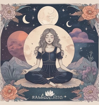 a woman sitting in lotus position in front of a full moon